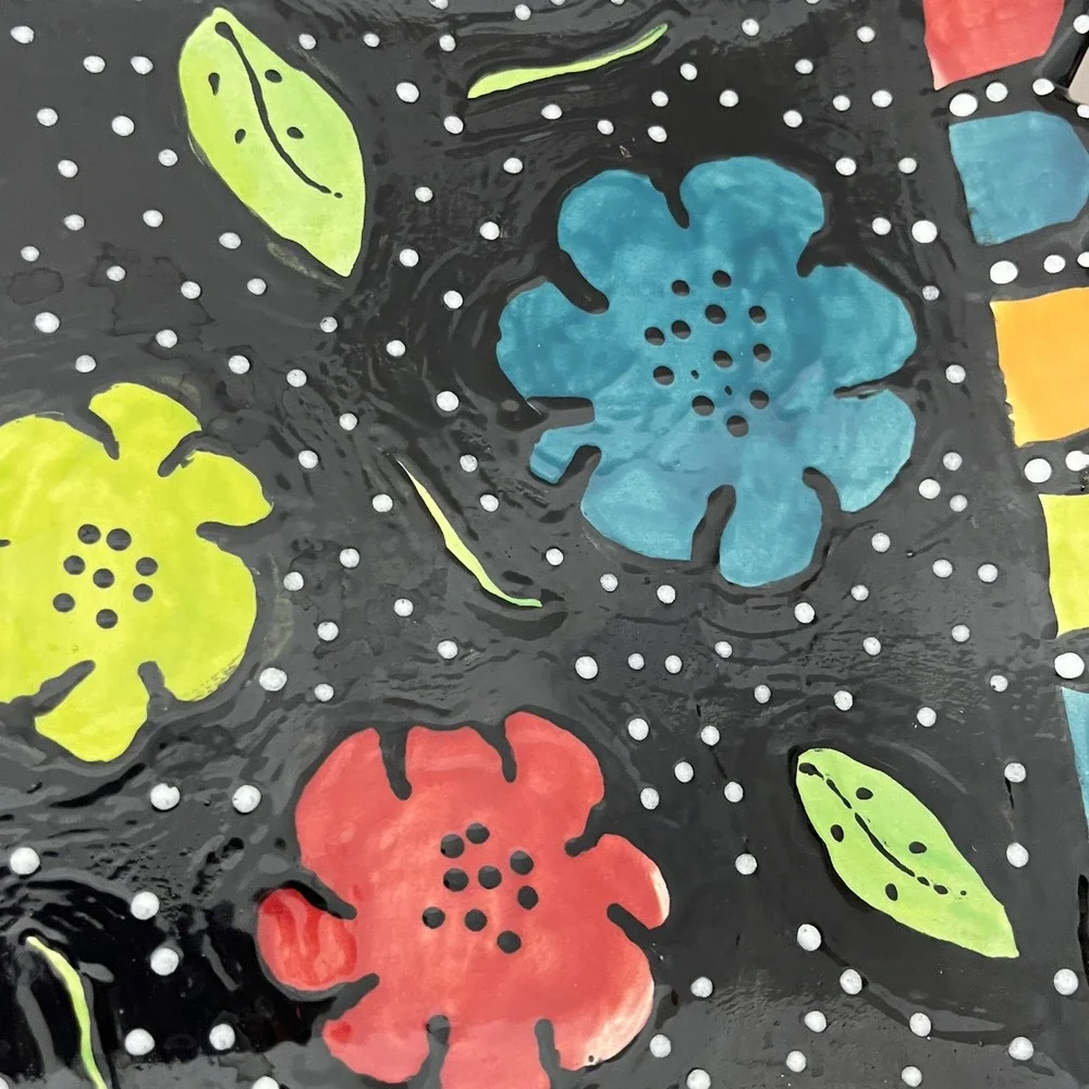 Handmade Studio Artisan Serving Platter  Black Floral Polka Dot Scalloped Tray